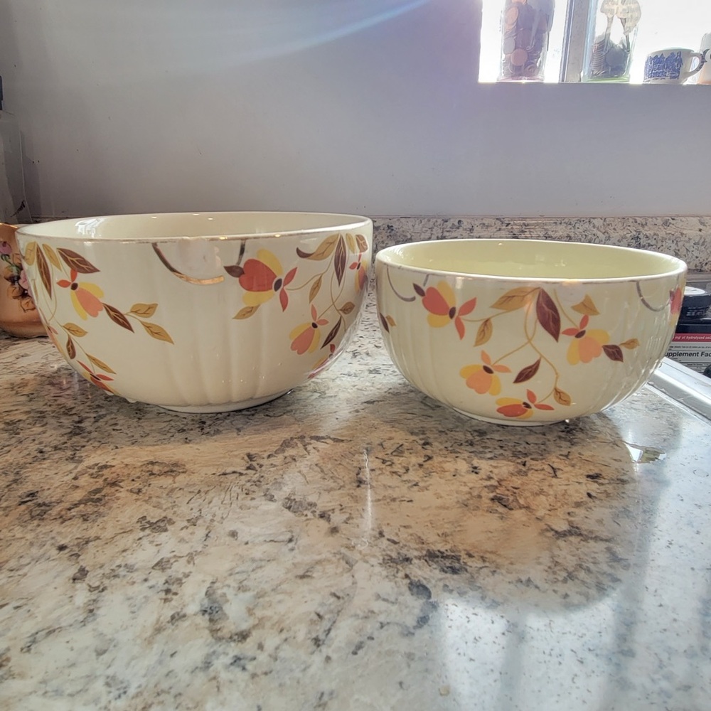 Hall's Superior Vintage Jewel Tea Autumn Leaf Gold Rim Mixing Serving Bowls - 2